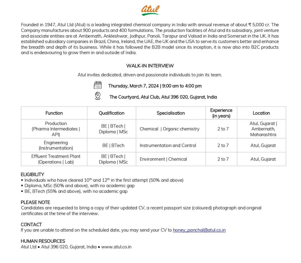 Atul Limited - Walk-In Interviews for Multiple Positions on 7th Mar 2024